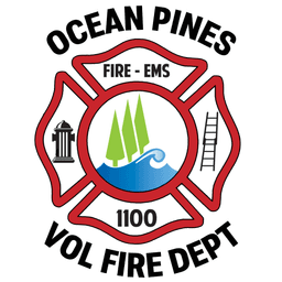 Ocean Pines Vol Fire Dept logo with Maltese cross, trees, wave, hydrant, and ladder in red, green, and blue