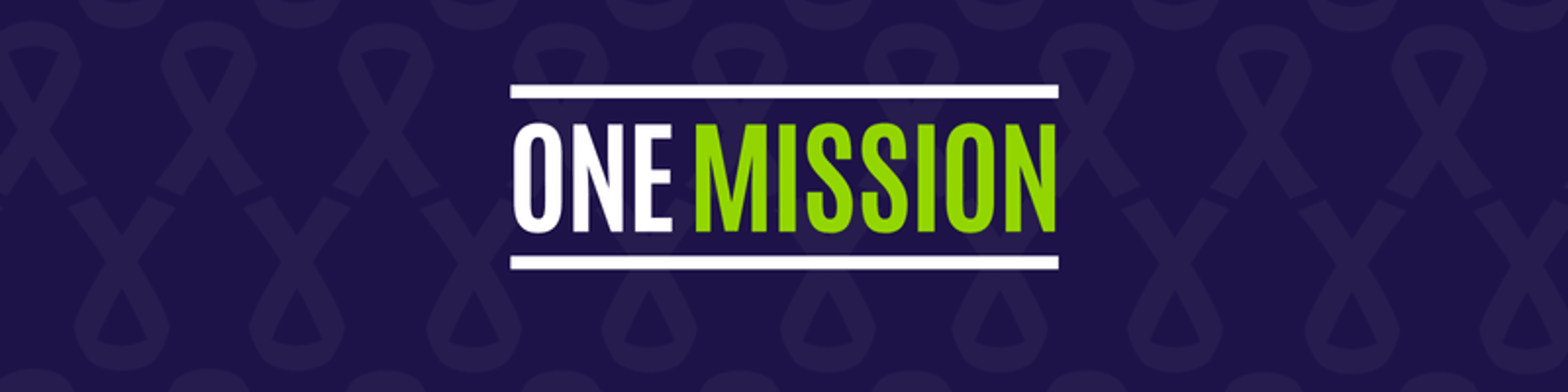Dark purple background with white and green "One Mission" text and ribbon-like symbols