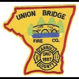 Yellow patch for Union Bridge Fire Company in Carroll County, Maryland, shaped like the state with a bridge illustration.