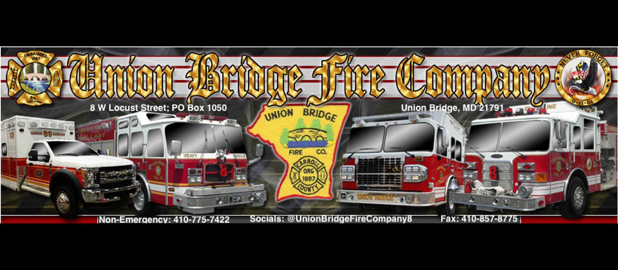Union Bridge Fire Company header with fire trucks, emergency vehicles, and department patch in red and yellow colors