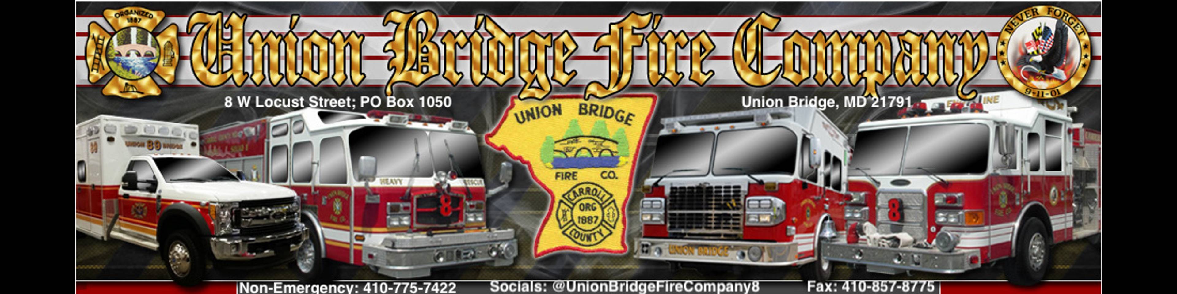 Union Bridge Fire Company header with fire trucks, emergency vehicles, and department patch in red and yellow colors