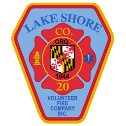# Alt Text

Lake Shore Co. Org. 20 Volunteer Fire Company Inc. badge, established 1944. Features Maryland state shield with fire hydrant and medical symbols on blue and red hexagonal emblem with yellow border.