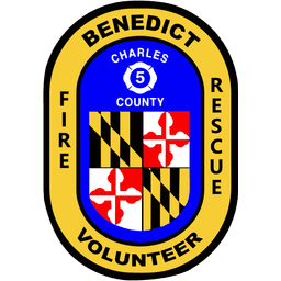 Benedict Fire Rescue Charles County Station 5 volunteer emblem featuring Maryland flag and cross symbols on blue background with yellow border.