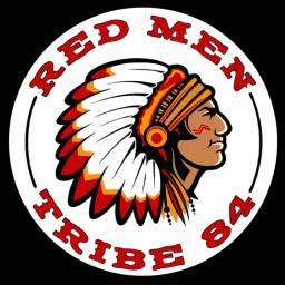Red Men Tribe logo featuring a Native American chief's head in profile wearing a headdress with red, white, and yellow feathers and gold ornaments.