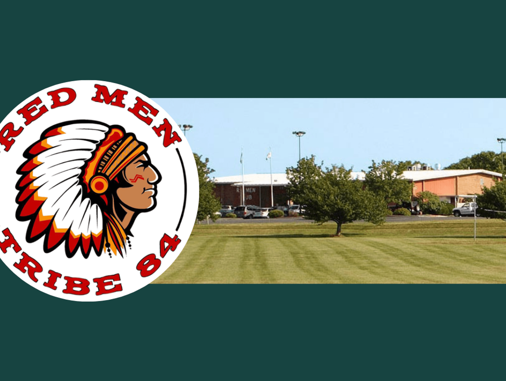 Red Men Tribe 8A logo featuring a Native American chief head in profile with feathered headdress, positioned over an image of a school campus with athletic fields and buildings.