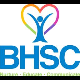 A colorful logo featuring a blue figure with arms raised inside a rainbow heart shape, with "BHSC" text below and the tagline "Nurture • Educate • Communicate" in green.