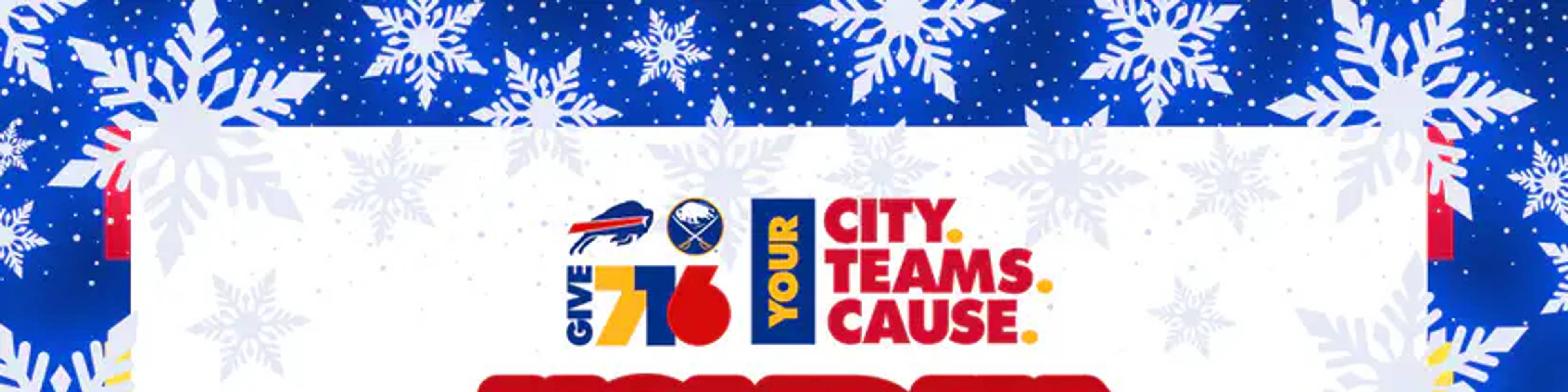 Give 5050 City Teams Cause Holiday Raffle promotional poster featuring a $71,600 guaranteed jackpot drawing on December 27th, with Buffalo Bills and Sabres logos on a blue snowflake background.