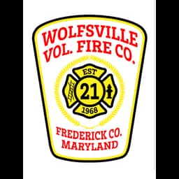 Wolesville Volunteer Fire Company patch featuring red text, yellow and black maltese cross with number 21 established 1968, located in Frederick County, Maryland.