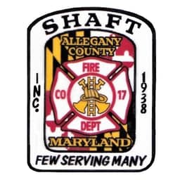 Allegany County Fire Department Shaft Company 17 patch from Maryland, established 1928, featuring crossed axes and a ladder emblem with the motto "Few Serving Many."