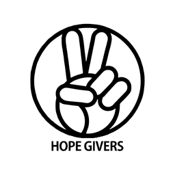 Black and white line drawing of a hand making a peace sign inside a circle, with "HOPE GIVERS" text below.