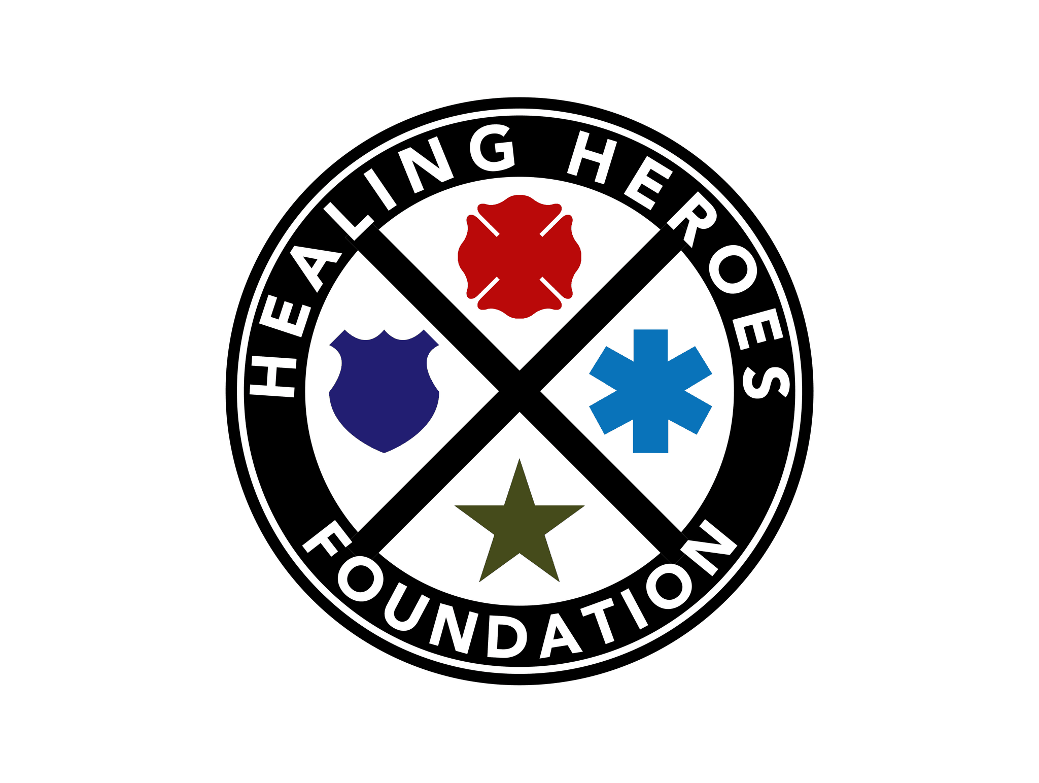Healing Heroes Foundation logo featuring a circular seal with four quadrants containing a red cross, blue shield, blue star, and olive star, separated by black lines.