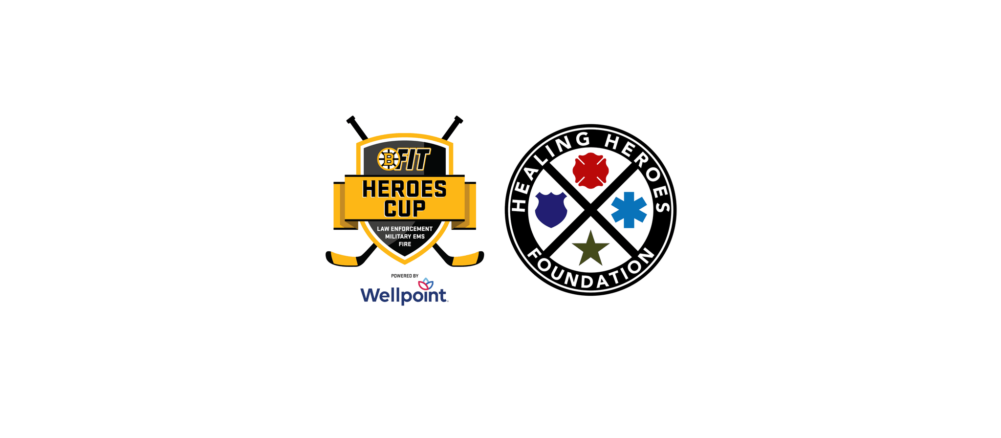 Two logos displayed side by side: FIT Heroes Cup logo on the left featuring a yellow shield with hockey sticks, and Healing Heroes Foundation circular logo on the right with emergency service symbols.