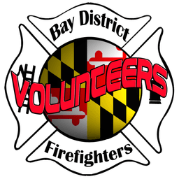 Bay District NH Volleyers Firefighters logo featuring a Maltese cross with Maryland flag circle in the center and red text.