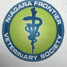 Circular medical badge with blue border featuring a caduceus symbol on lime green background, text reading "Niagara Frontier Veterinary Society"