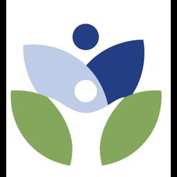Abstract figure with a dark blue circle head, light blue and dark blue wing-like shapes, white torso, and green leaf forms at the base, representing growth and wellness.