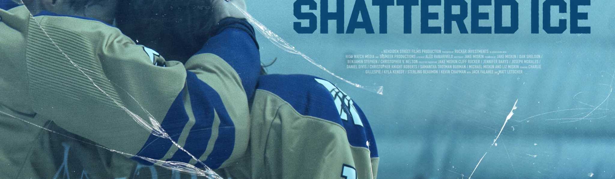 A hockey player in blue and white jersey sits with head bowed in emotional distress, with the movie title "Shattered Ice" and motivational text overlaid on a blue-toned background.