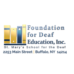 Foundation for Deaf Education, Inc. logo featuring stacked books in gold and blue colors with organization name and St. Mary's School for the Deaf address in Buffalo, NY.