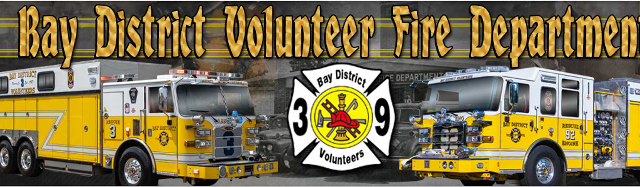 Bay District Volunteer Fire Department logo and fleet of yellow fire trucks with equipment displayed across gray background.