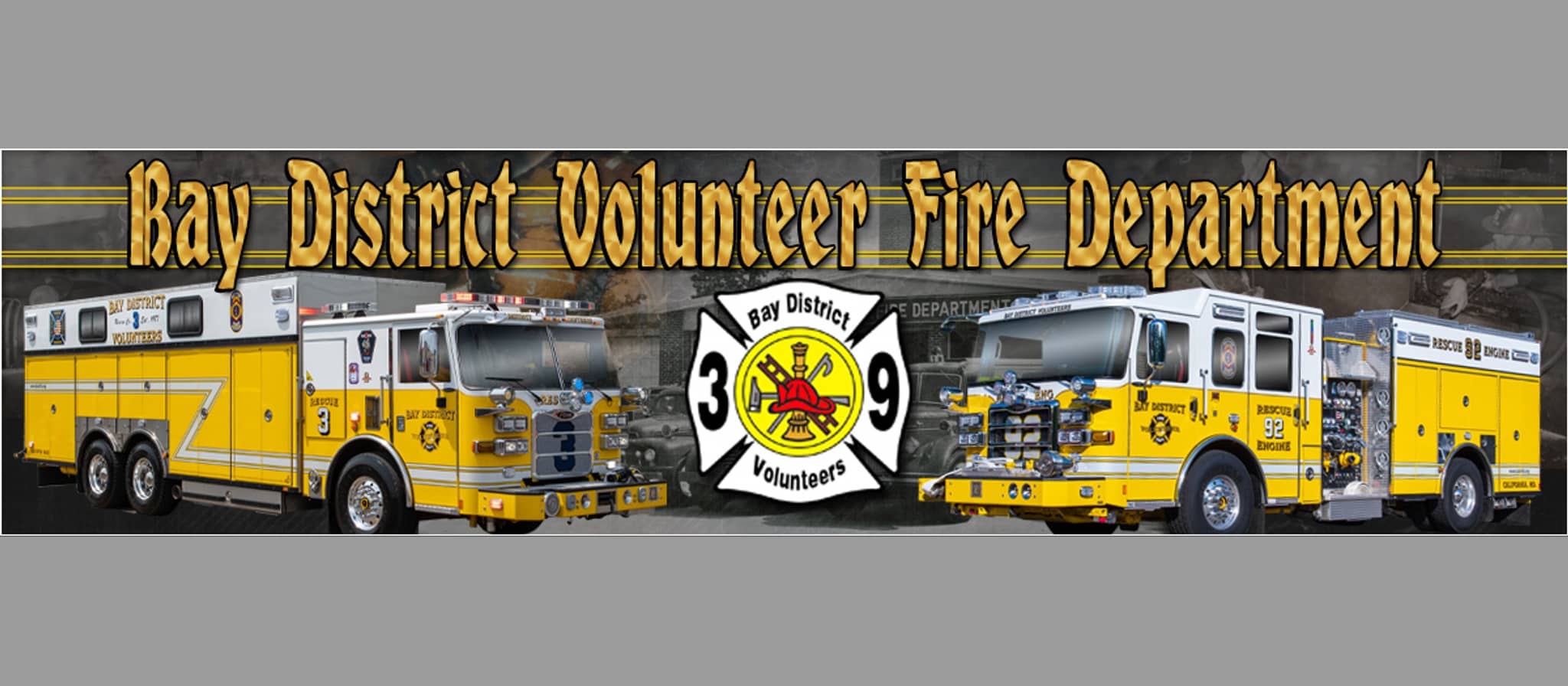 Bay District Volunteer Fire Department logo and fleet of yellow fire trucks with equipment displayed across gray background.