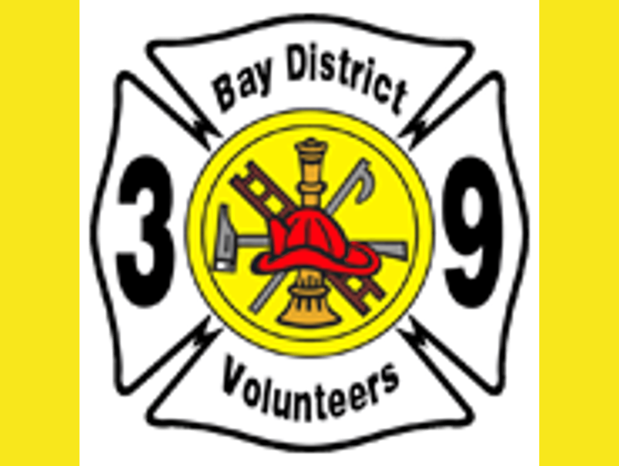 Bay District Volunteers fire department logo featuring the number 39 with a yellow circular emblem in the center displaying a red cross and flames.