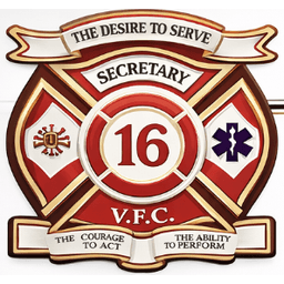 A red and gold fire department emblem featuring the number 16, with "Secretary" at the top and "V.F.C." at the bottom, flanked by medical and fire service symbols.