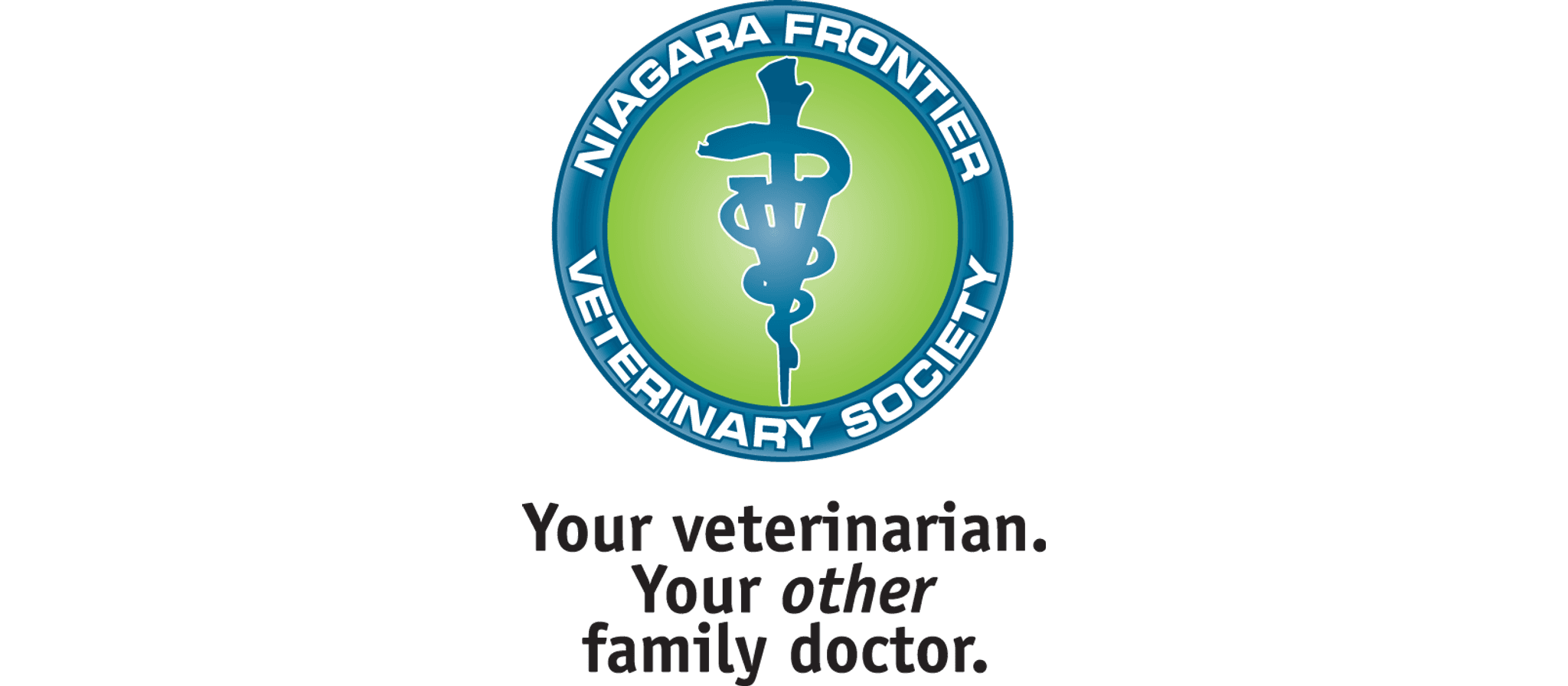 Niagara Frontier Veterinary Society logo featuring a caduceus symbol on green background with blue border, accompanied by tagline "Your veterinarian. Your other family doctor."