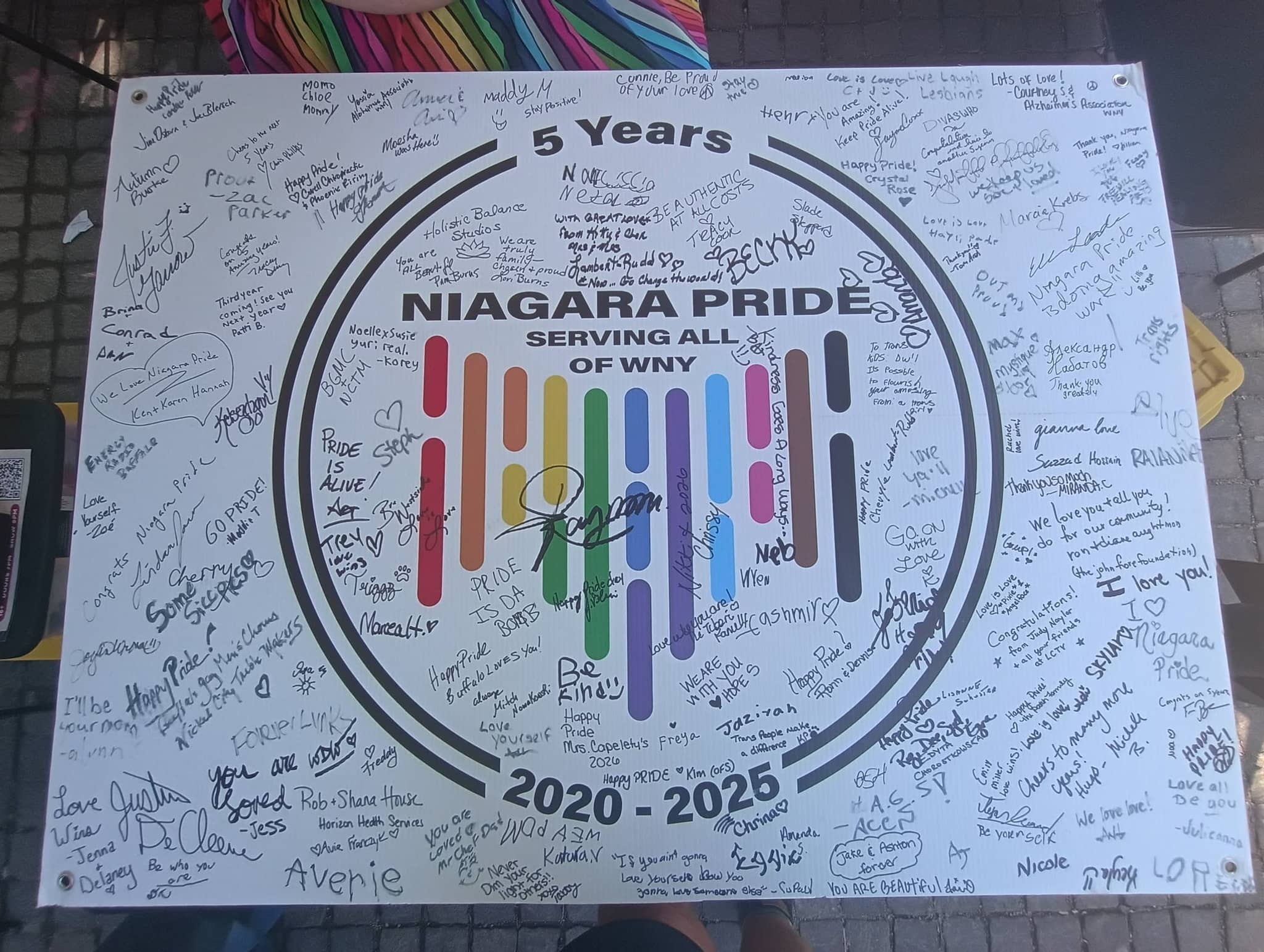A signed poster commemorating five years of Niagara Pride serving all of Western New York, featuring a rainbow pride flag design with colorful vertical bars and handwritten messages covering the entire surface, dated 2020-2025.