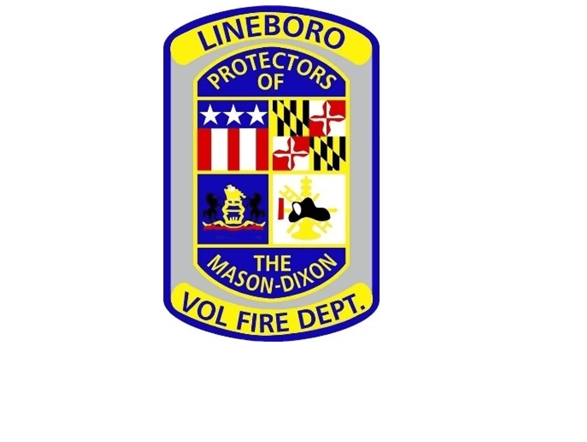 Lineboro Protectors of the Mason-Dixon Volunteer Fire Department badge featuring the American flag, Maryland flag, and firefighter symbols in a blue and yellow shield.