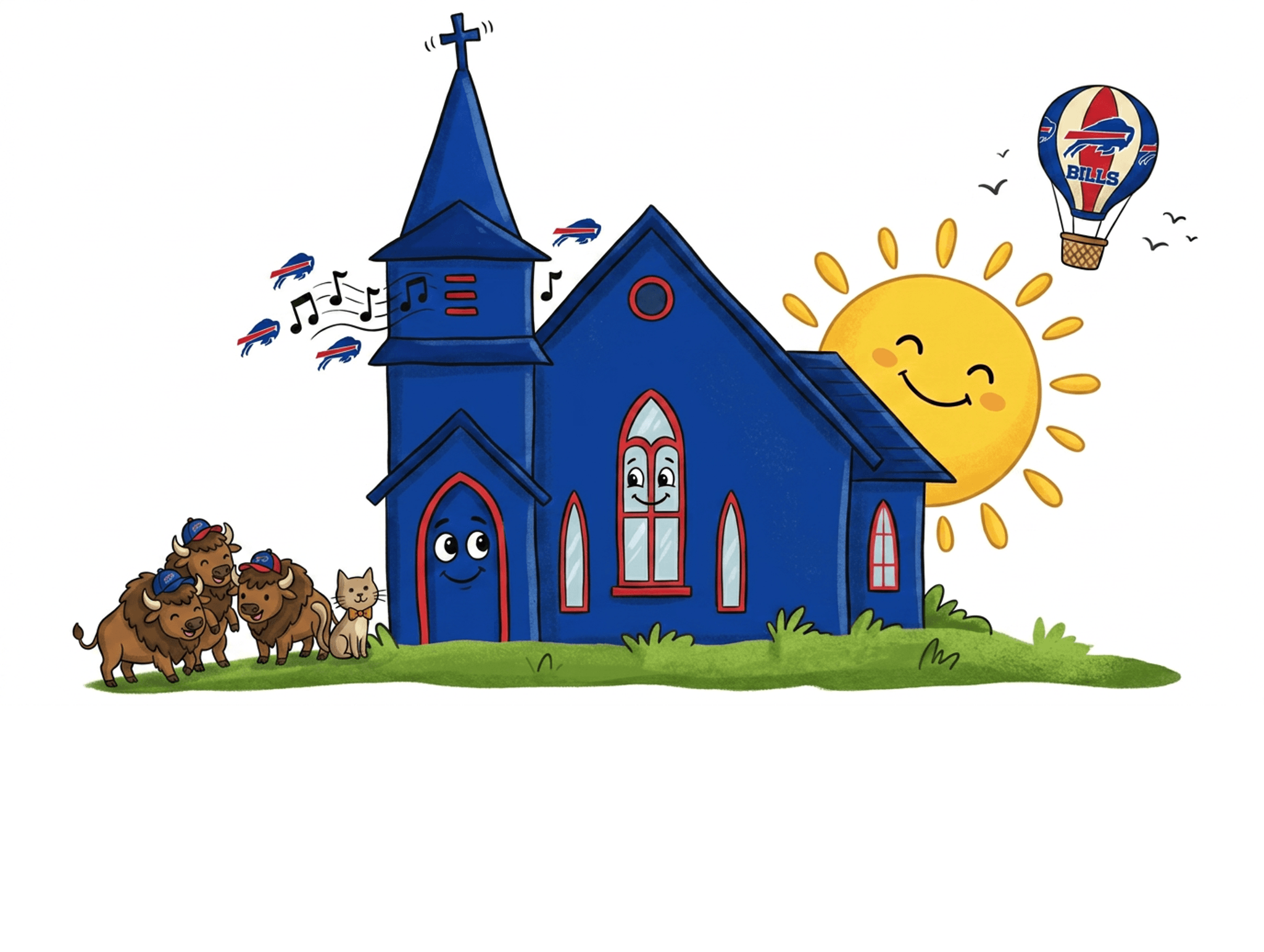 A blue church with a cross-topped steeple featuring Buffalo Bills logos, surrounded by smiling sun, hot air balloon, flying birds, animals, and musical notes in a whimsical illustration.