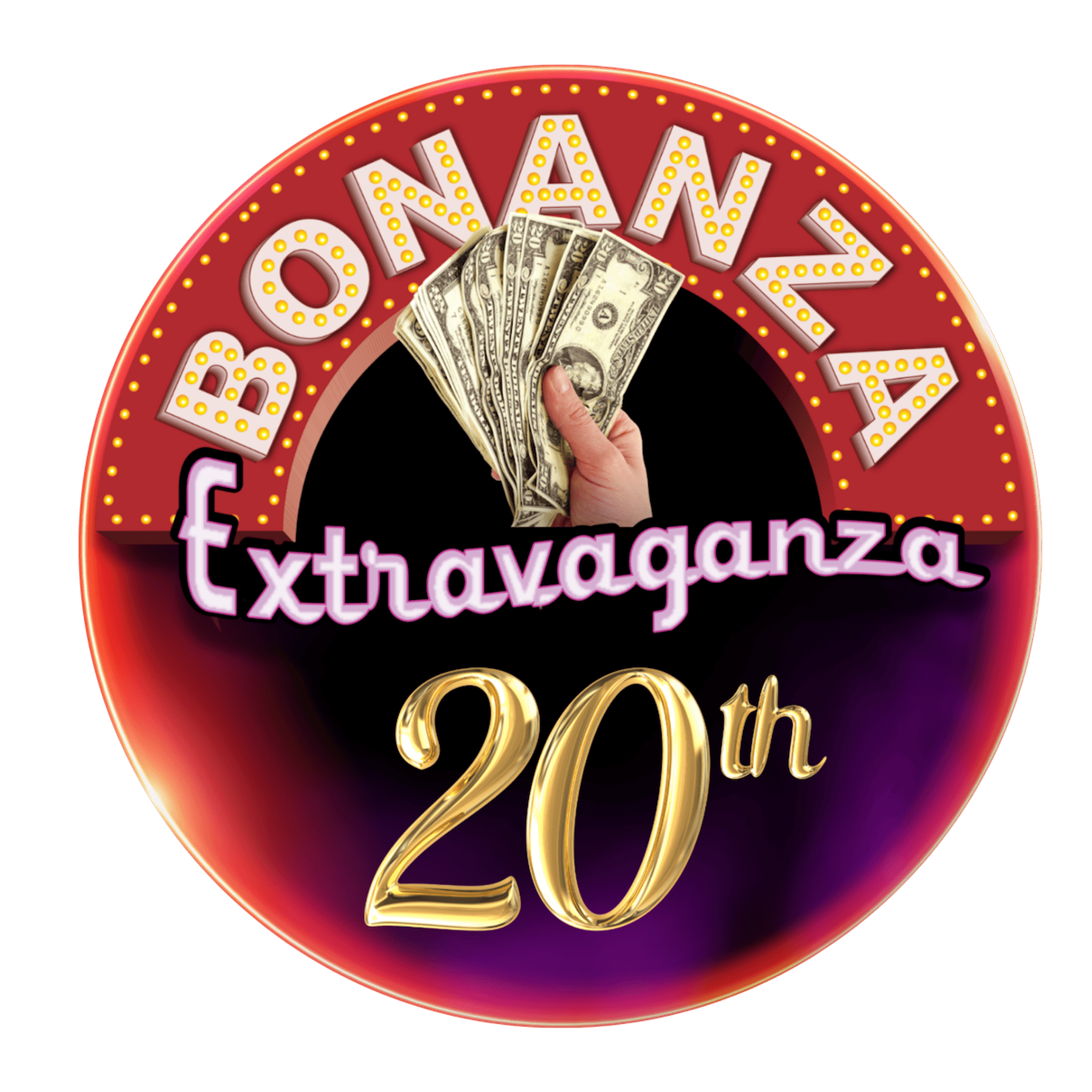 Retro casino-style circular sign with "Bombay Extravaganza 20th" text, featuring a hand holding fanned dollar bills and illuminated marquee lettering on a red and purple gradient background.