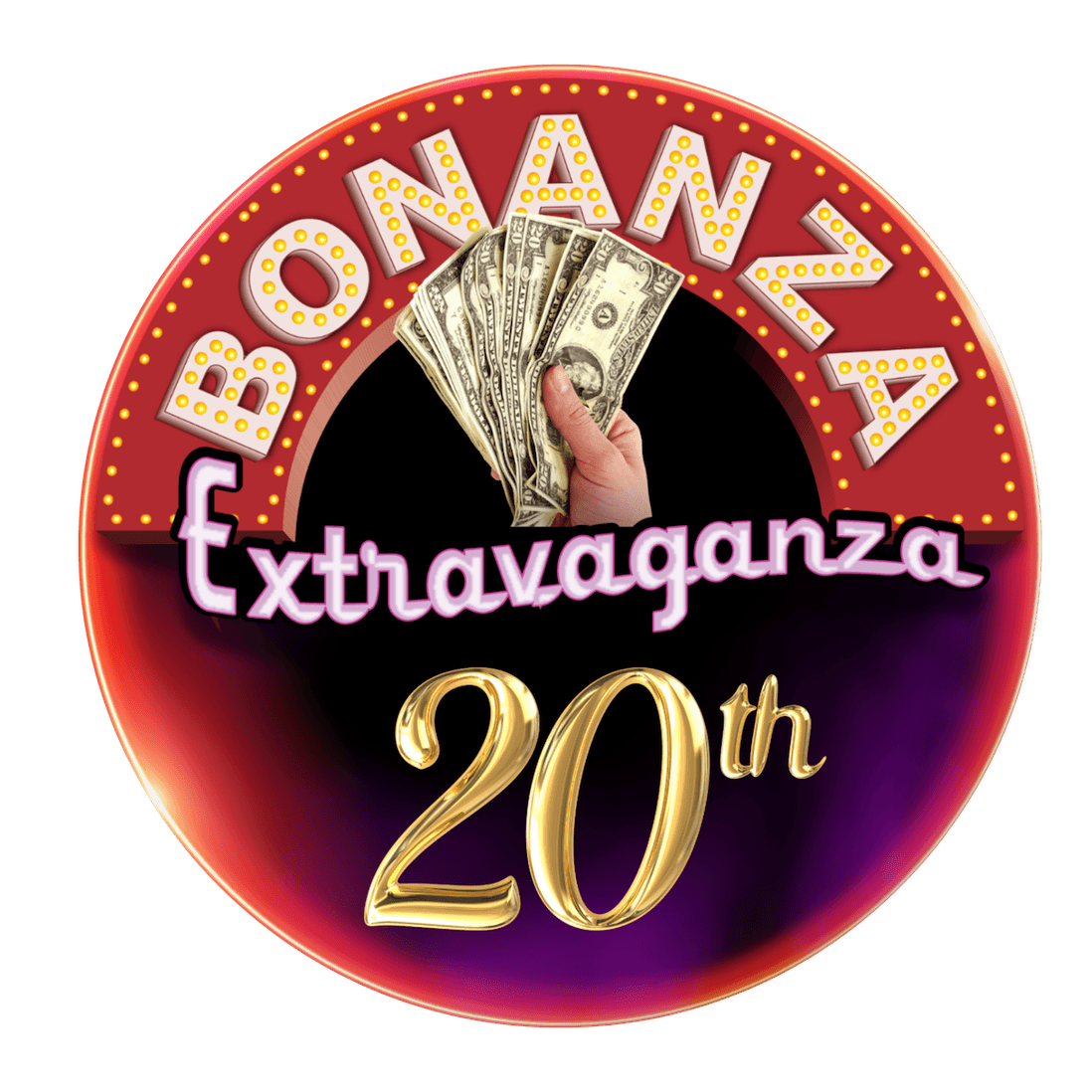 Retro casino-style circular sign with "Bombay Extravaganza 20th" text, featuring a hand holding fanned dollar bills and glowing marquee lights around the border.