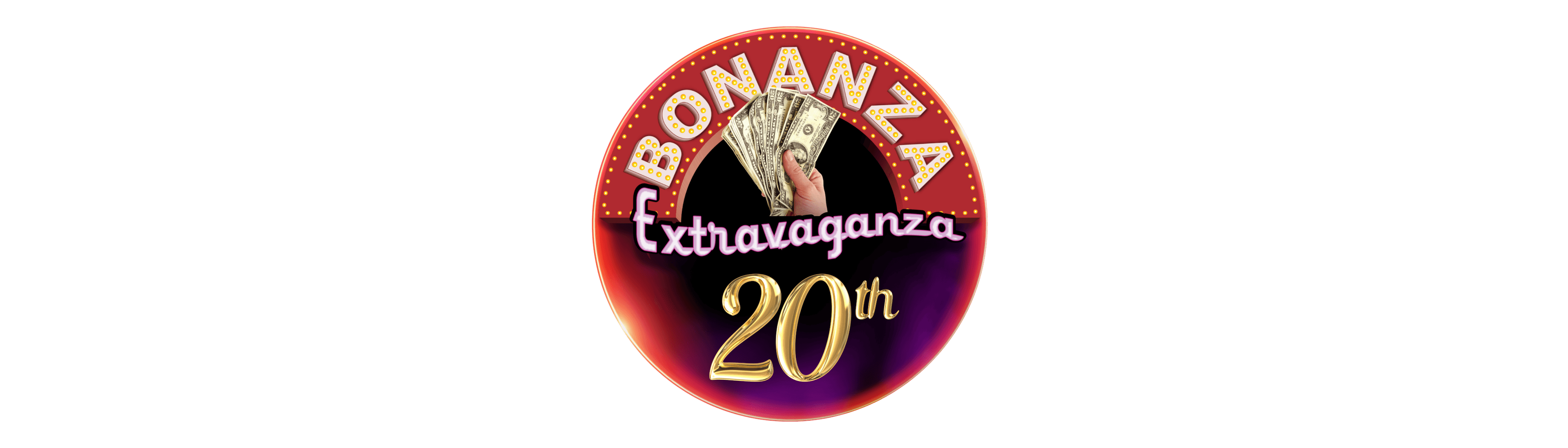 A retro-style circular sign with red and purple gradient background featuring illuminated marquee lettering reading "BOMBAY EXTRAVAGANZA 20th" with a hand holding fanned dollar bills in the center.