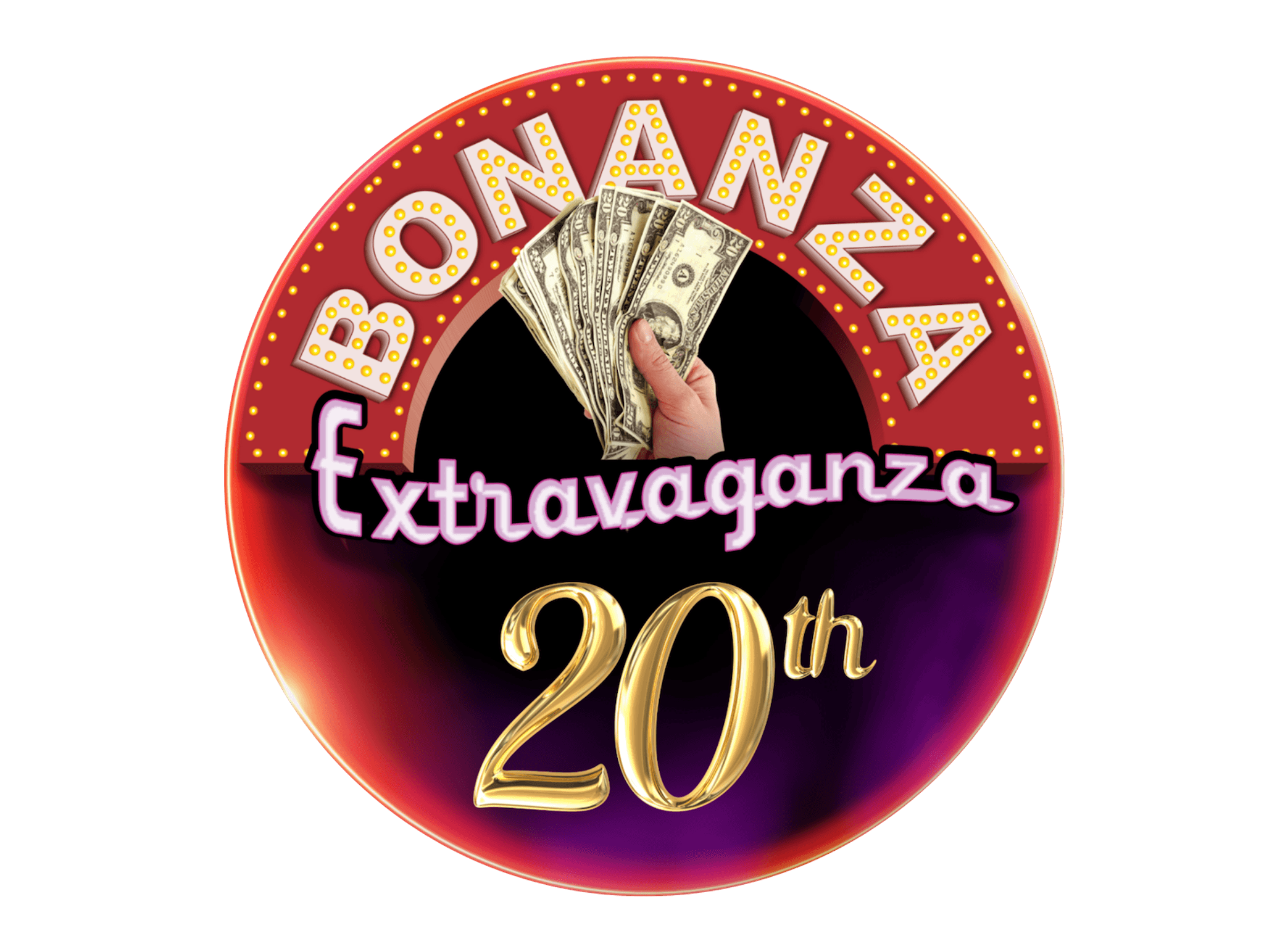 A retro-style circular sign with red and purple gradient background featuring illuminated marquee lettering reading "BOMBAY EXTRAVAGANZA 20th" with a hand holding fanned dollar bills in the center.