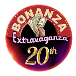 A retro-style circular sign with red and purple gradient background featuring illuminated marquee lettering reading "BOMBAY EXTRAVAGANZA 20th" with a hand holding fanned dollar bills in the center.