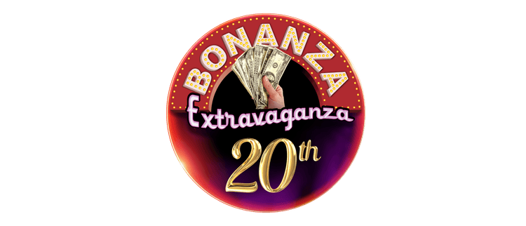 A retro-style circular casino sign with "Bombay Extravaganza 20th" text, featuring a hand holding fanned dollar bills and illuminated marquee lettering on a red and purple gradient background.