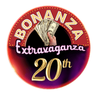 A retro-style circular casino sign with "Bombay Extravaganza 20th" text, featuring a hand holding fanned dollar bills and illuminated marquee lettering on a red and purple gradient background.