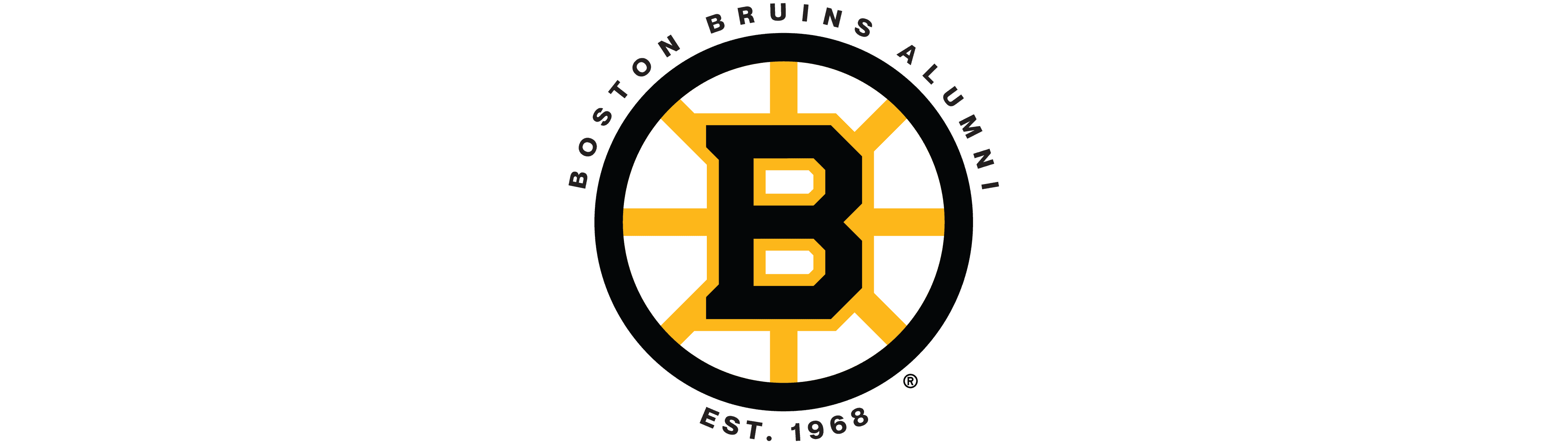 Boston Bruins logo: black and yellow circular emblem with large "B", featuring "Boston Bruins Alumni" text, established in 1968