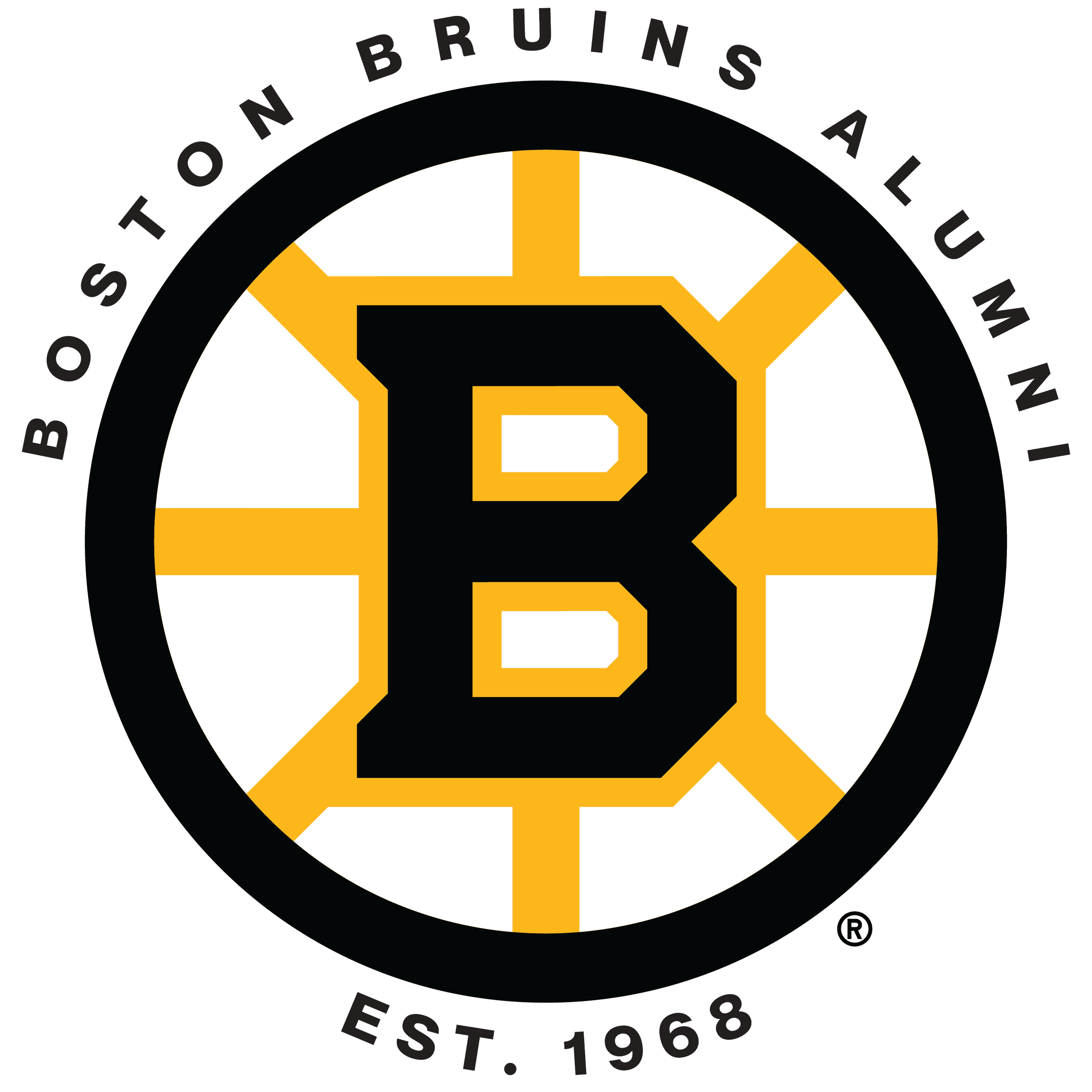 Boston Bruins logo: black and yellow circular emblem with large "B", featuring "Boston Bruins Alumni" text, established in 1968
