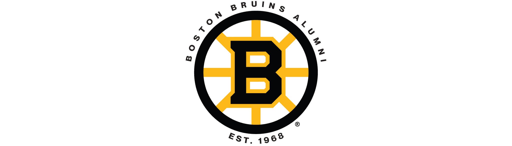 Boston Bruins logo: black and yellow circular emblem with large "B", featuring "Boston Bruins Alumni" text, established in 1968