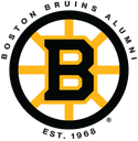 Boston Bruins circular logo with black, white, and yellow colors, featuring a large B and "Alumni" text, established in 1968