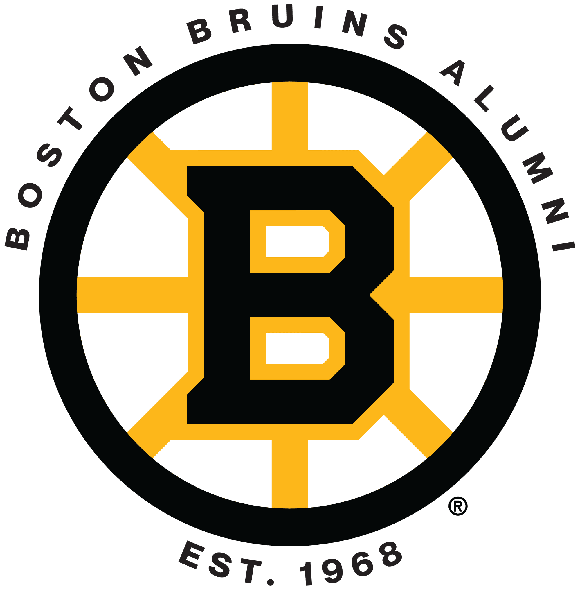 Boston Bruins circular logo with black, white, and yellow colors, featuring a large B and "Alumni" text, established in 1968