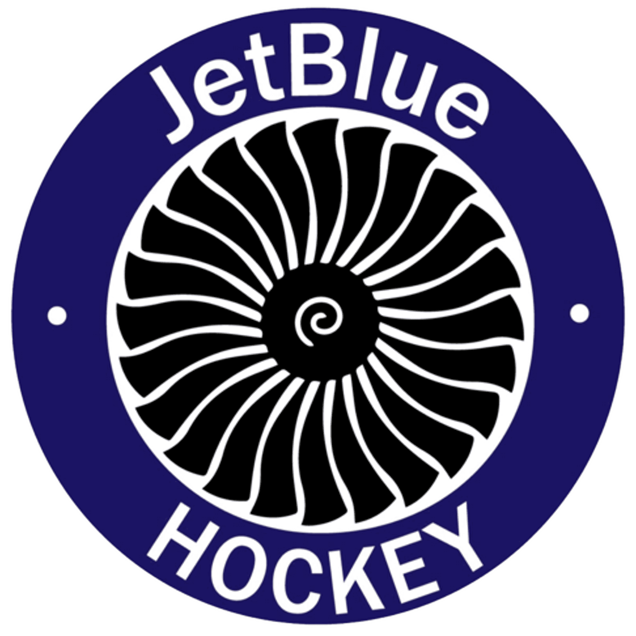 JetBlue Hockey logo featuring a stylized jet engine fan design in white and black on a dark blue circular background with white text.