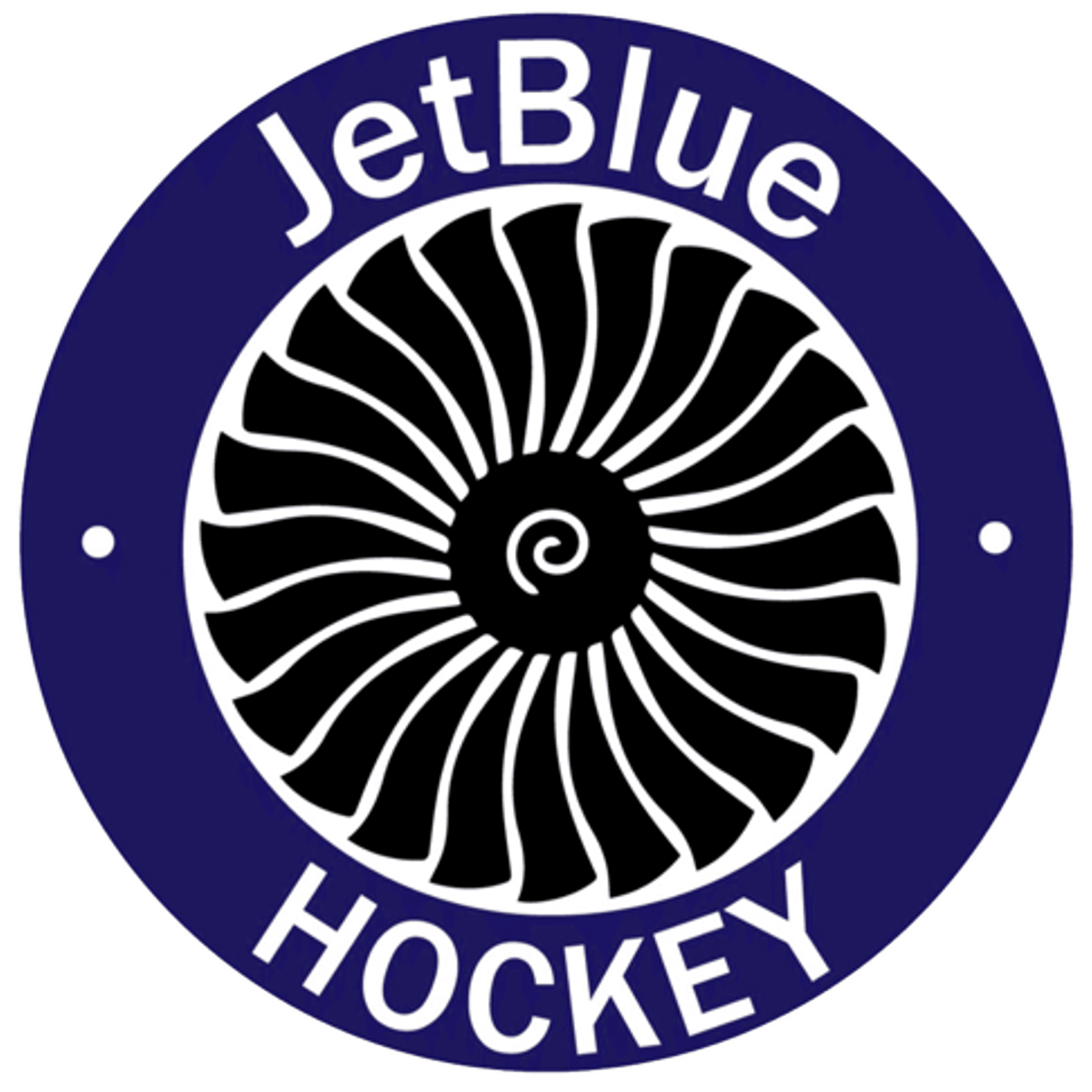 JetBlue Hockey logo featuring a stylized jet engine fan design in white and black on a dark blue circular background with white text.