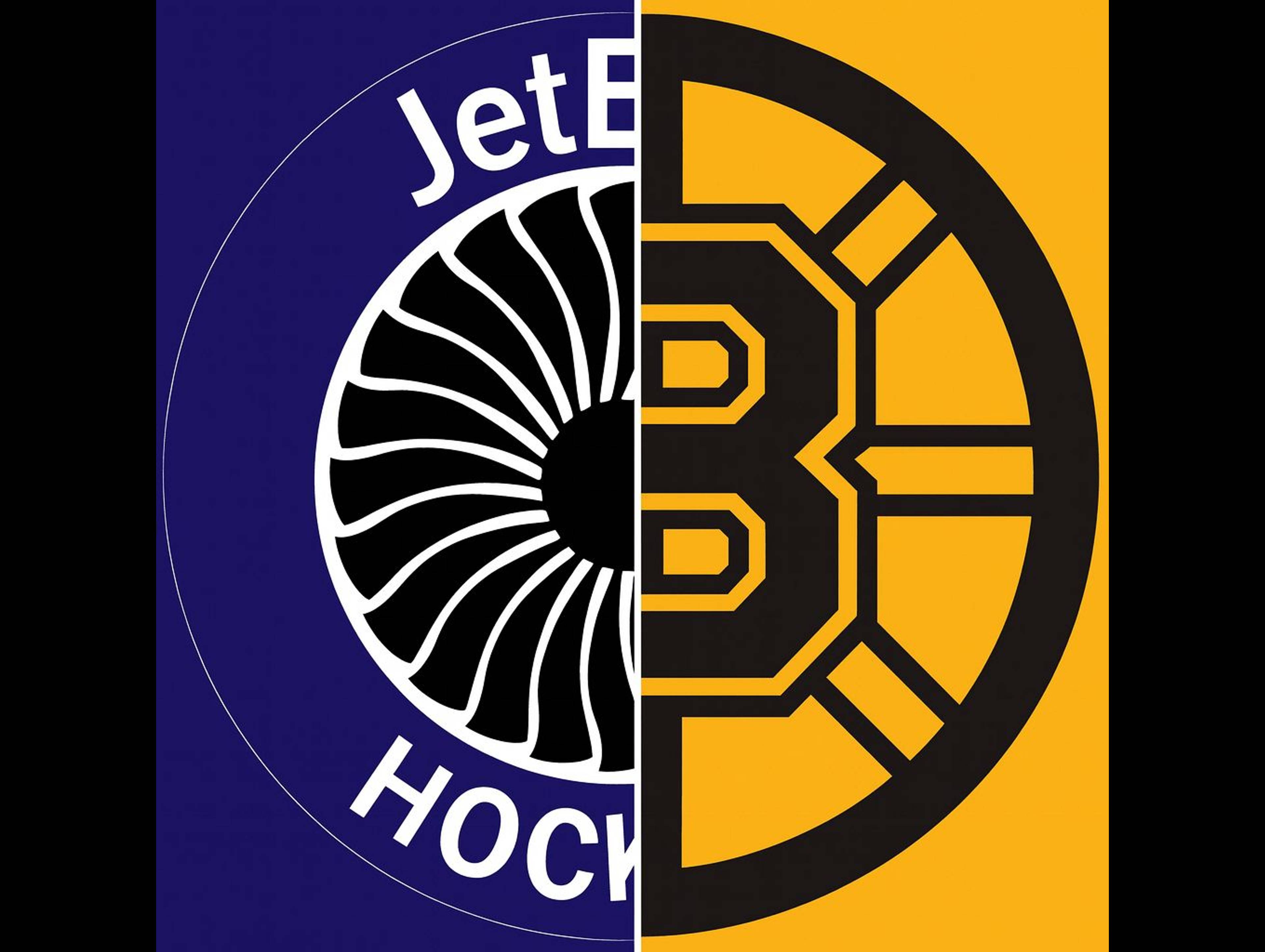# Alt Text

JetBlue Hockey logo featuring a split design with a white shell/fan pattern on navy blue left side and yellow geometric shield on right side.