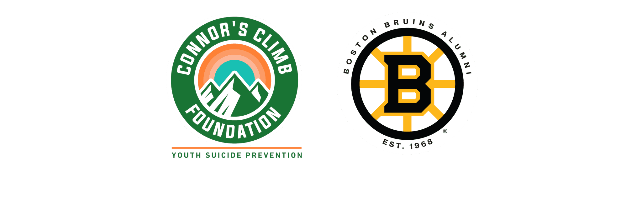 Connor's Climb Foundation logo for youth suicide prevention on the left, and Boston Bruins NHL team logo established 1968 on the right.