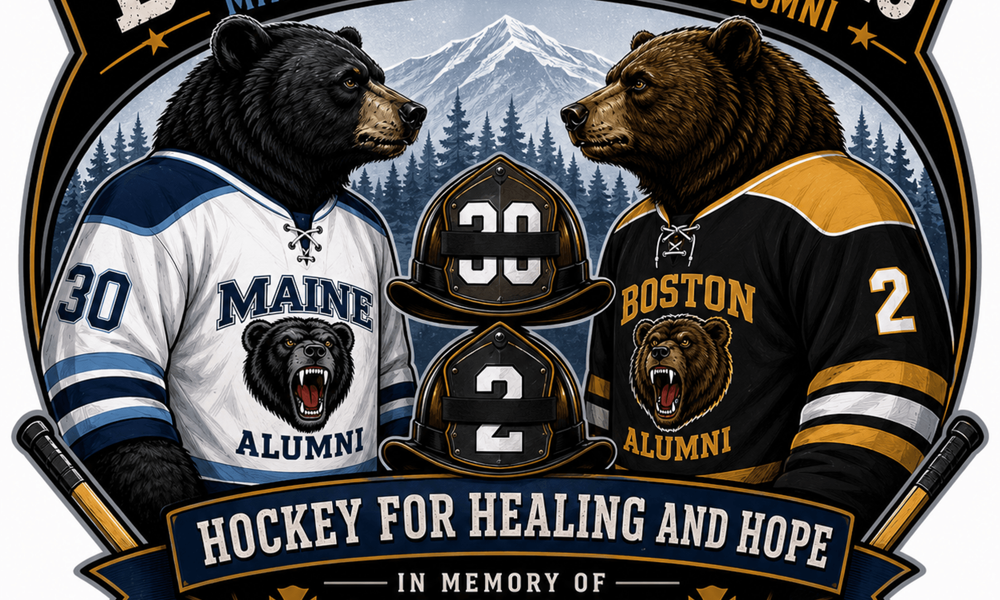 Battle of the Bears logo featuring Maine Alumni versus Boston Alumni hockey game on May 15, 2026, with two bears in jerseys and a snowy mountain backdrop for healing and hope.