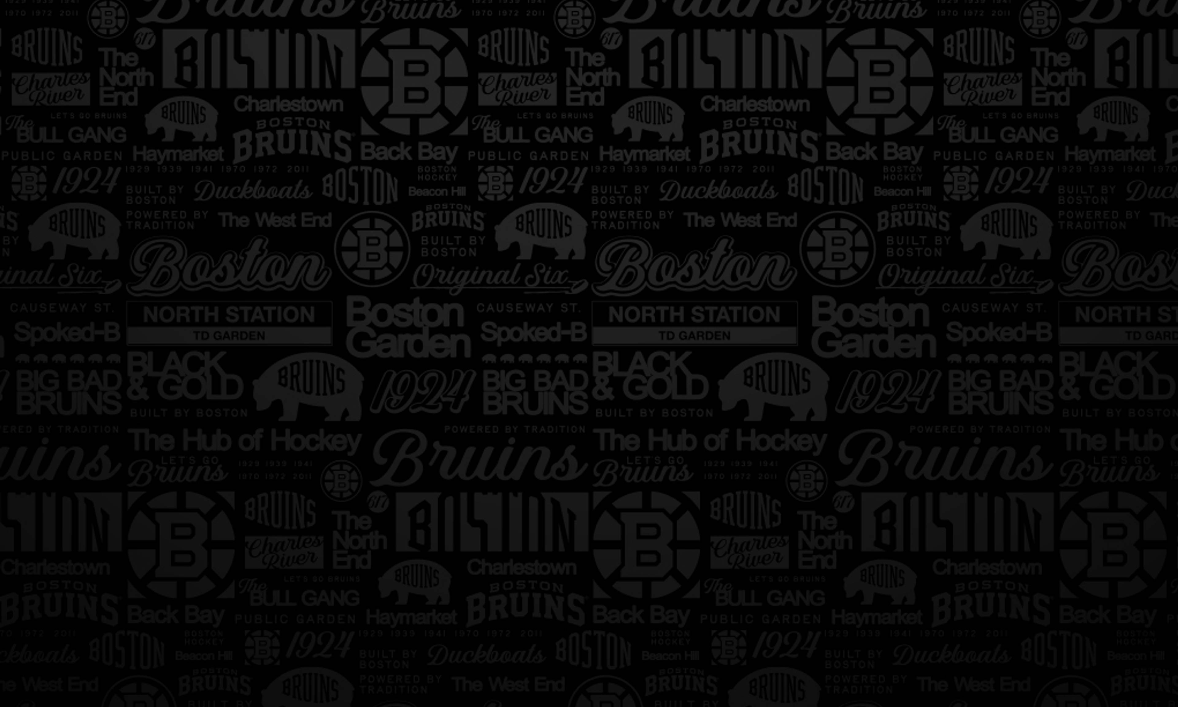 # Alt Text

Repeating pattern of Boston Bruins logos, text, and hockey-related phrases on a dark background, including "The Hub of Hockey," "Boston Garden," and "Black and Gold."