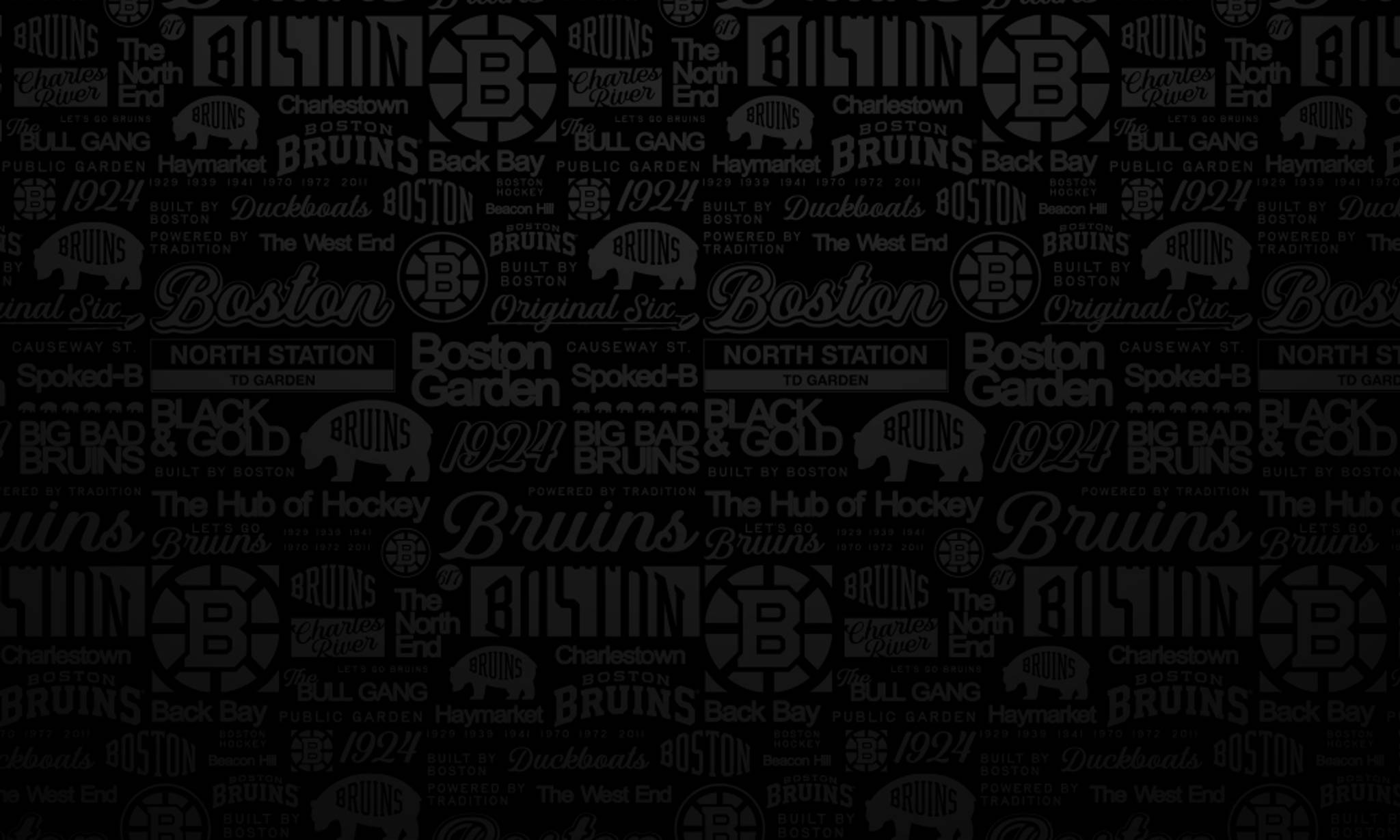 Boston Bruins repeating pattern featuring team logos, "Bruins" text, iconic landmarks like Boston Garden and North Station, and phrases such as "Black & Gold" and "The Hub of Hockey" on a dark background.