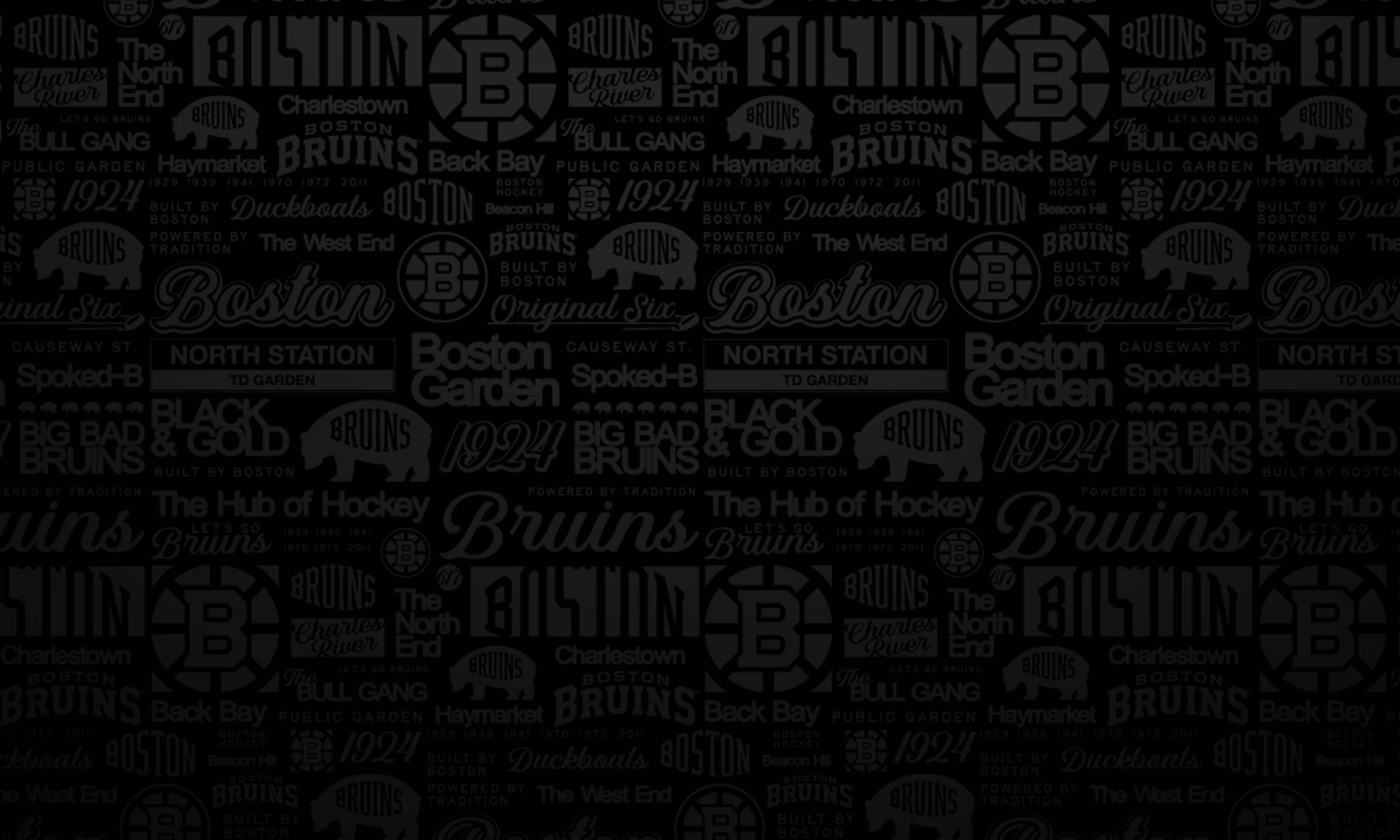 Boston Bruins repeating pattern featuring team logos, "Bruins" text, iconic landmarks like Boston Garden and North Station, and phrases such as "Black & Gold" and "The Hub of Hockey" on a dark background.