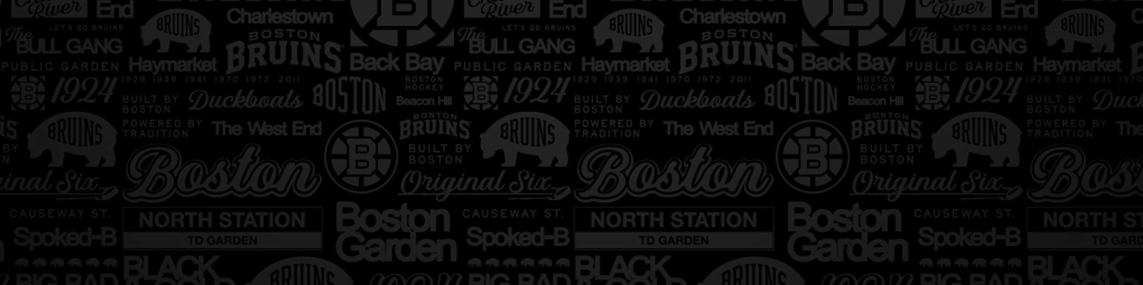 Repeating pattern of Boston Bruins logos, text, and hockey-related phrases in dark gray on black background.